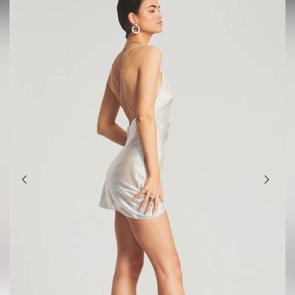 SER.O.YA | Bodycon Leah Classic Mini Slip Dress Silk Ivory W/ Blue Stripe - Picture 2 of 9